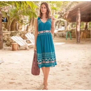 Sundance Teal Embroidered Aztec Minos Midi Dress Size 12 Size Zipper